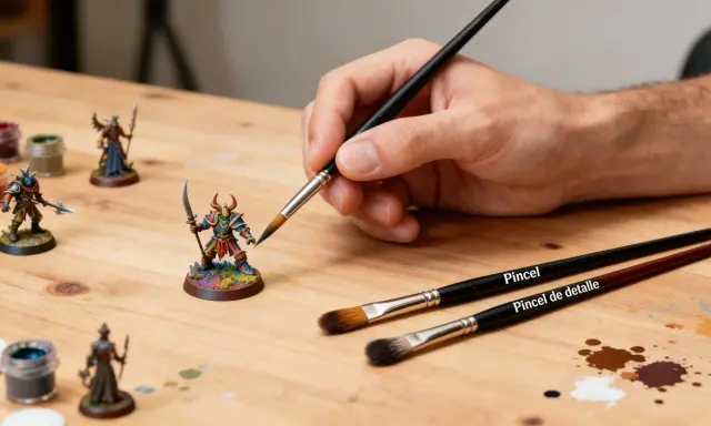 Mano pintando miniaturas con diferentes tipos de pinceles. Se aprecian pinceles para detalles y generales.