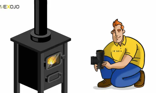 Hombre con tubo para chimenea, listo para instalar. Se muestra una estufa con fuego y su chimenea. El diámetro del tubo de chimenea es crucial.