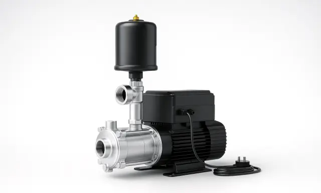 Bomba de agua de acero inoxidable con depósito negro. Parece que la bomba de agua no para de funcionar, lista para suministrar agua.
