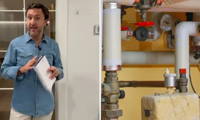 Hombre explica medidas de instalación de fontanería junto a tuberías y manómetro.