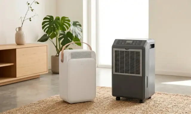 Dos tipos de deshumidificadores, uno blanco y portátil, otro gris con ruedas, en una sala de estar moderna.