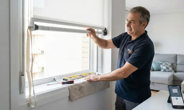 Instalador ajustando uno de los tipos de persianas enrollables. Herramientas y nivel en el alféizar.