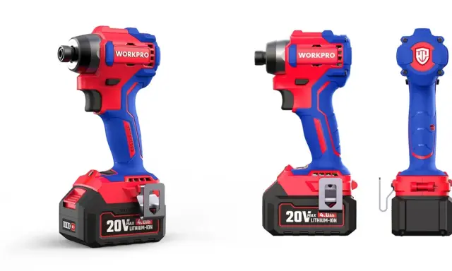 Tres taladros atornilladores inalámbricos Workpro, rojos y azules, con baterías de 20V. Muestran la diferencia entre taladro y atornillador.