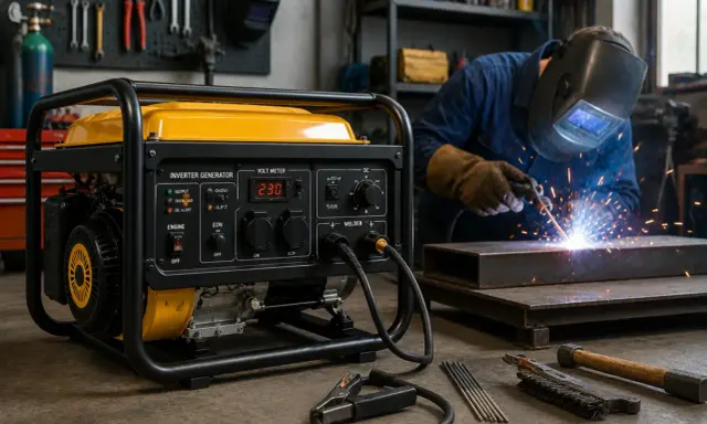 Generador amarillo listo para soldar. Un soldador trabaja en el fondo, demostrando que se puede soldar con un generador de 2000w.