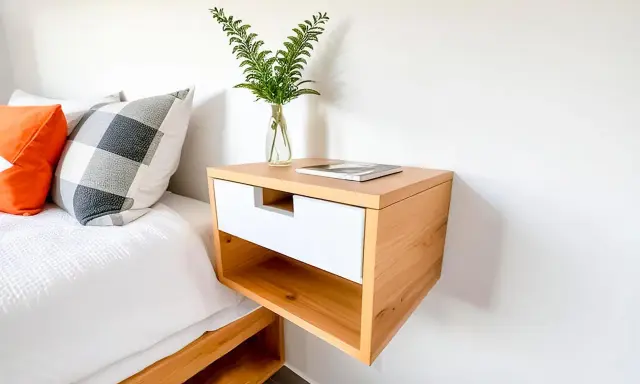 Mesita de noche flotante de madera clara y blanca, ideal para quienes buscan ideas de como hacer una mesita de noche moderna y funcional.