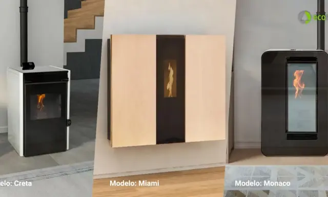 Modelos de estufas de pellets: Creta, Miami y Monaco. Descubre cómo funciona una estufa de pellets con estas opciones modernas.
