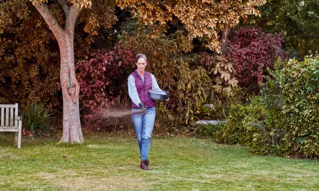 Mujer esparciendo abono en el césped, cuidando su jardín. Es el momento ideal para saber cuándo abonar el césped y asegurar su salud.