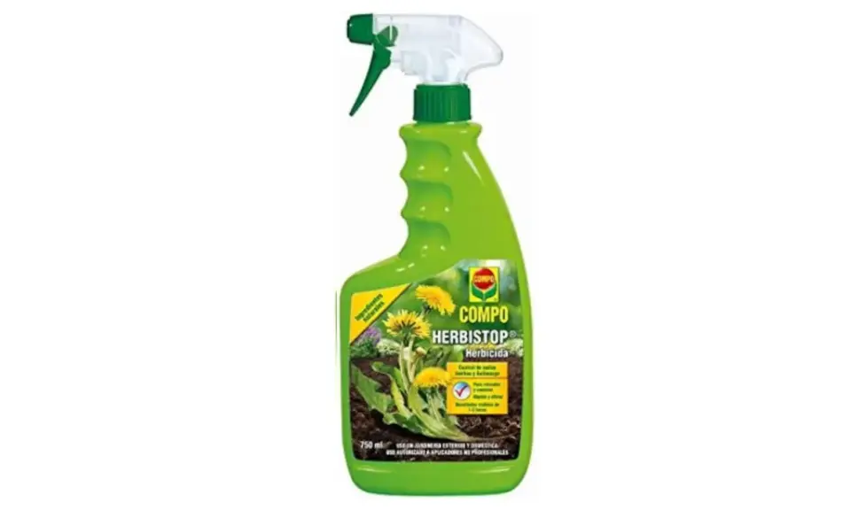 Botella verde con pulverizador de herbicida COMPO Herbistop, para eliminar malas hierbas para siempre.