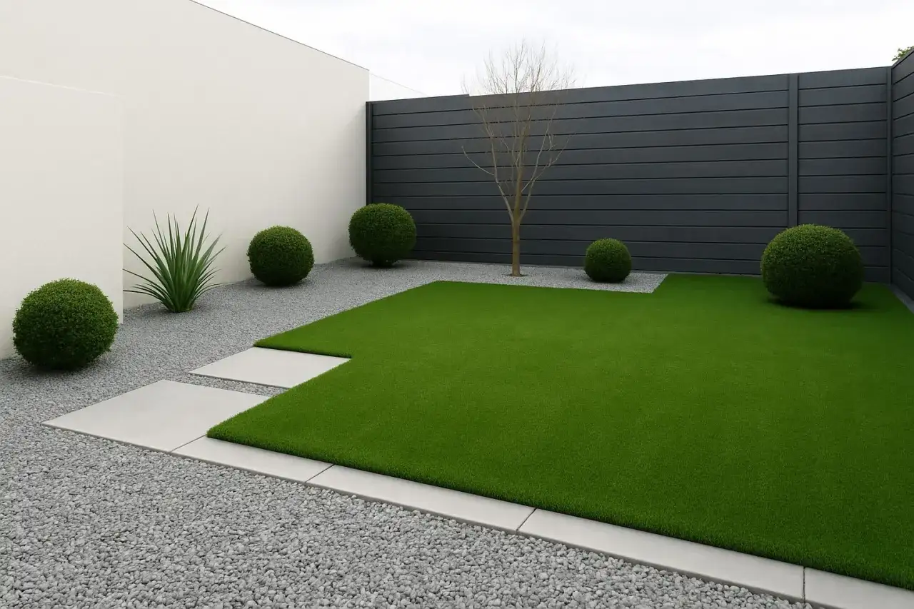 Modern garden with artificial grass, gravel, and minimalist landscaping. Perfect ideas para jardin con cesped artificial.