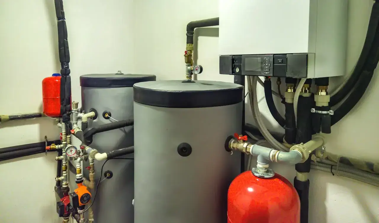 Instalación de sistema de calefacción con dos depósitos grises, caldera de gas moderna y depósitos de expansión rojos.