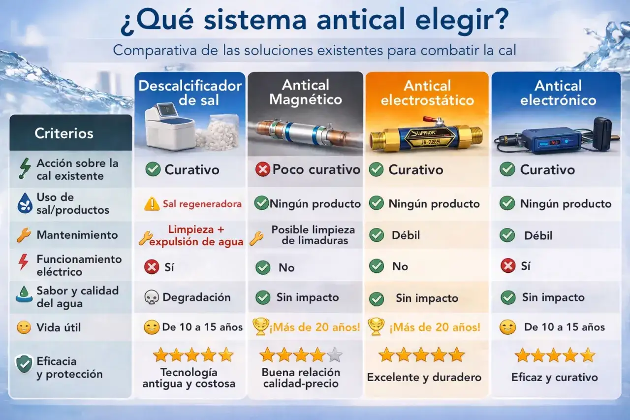 Comparativa de tipos de descalcificadores: sal, magn&eacute;tico, electrost&aacute;tico y electr&oacute;nico. Eval&uacute;a eficacia, uso de productos, mantenimiento y vida &uacute;til.