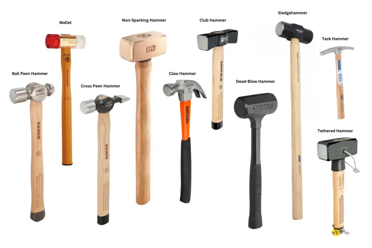 Variedad de clases de martillos: mazo, bola, cruz, sin chispas, mazo, mazo, de golpe seco, de tapicero y con correa.