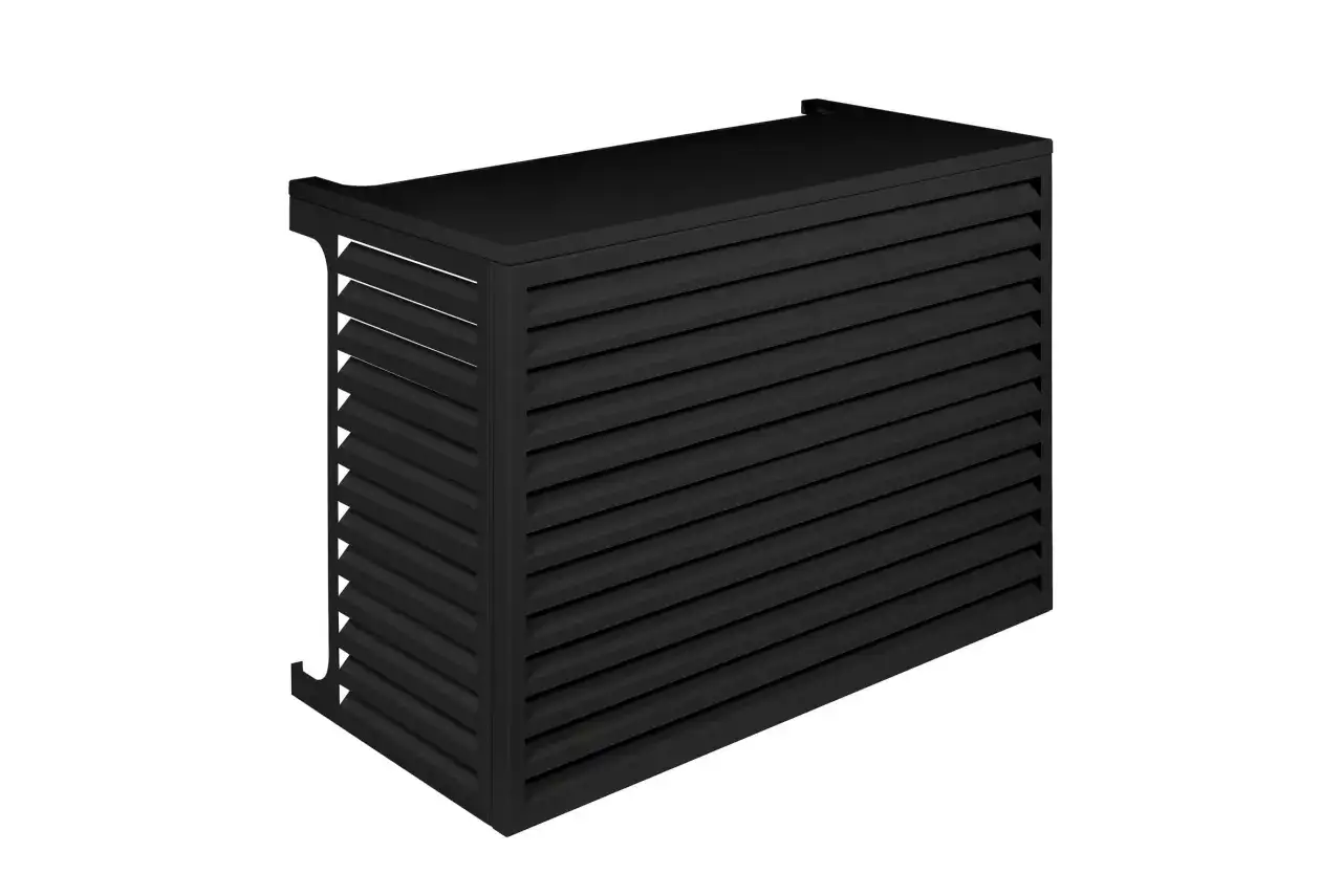 Caja negra con lamas horizontales para camuflar aire acondicionado exterior.