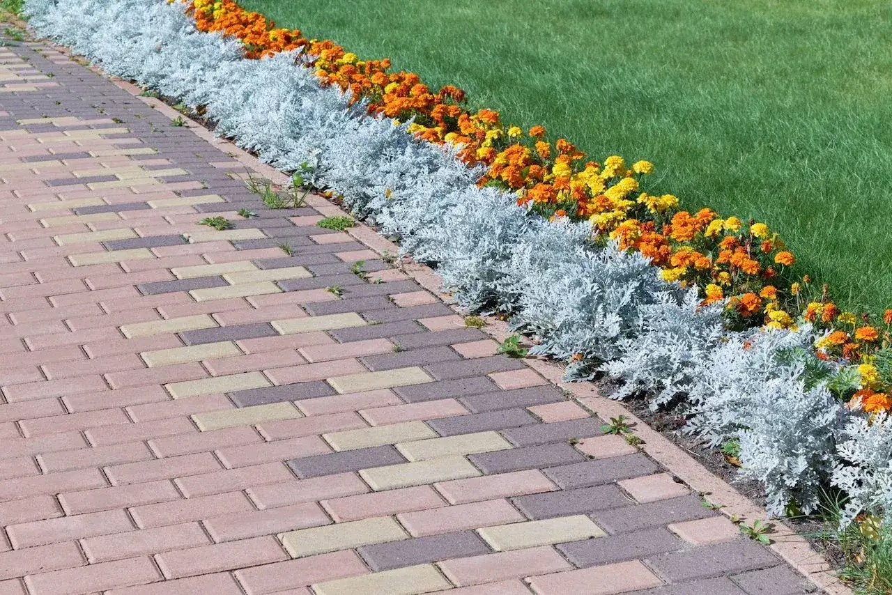 Un camino de adoquines de colores lleva a unos parterres de flores anaranjadas y amarillas, bordeados por plantas plateadas y césped verde.
