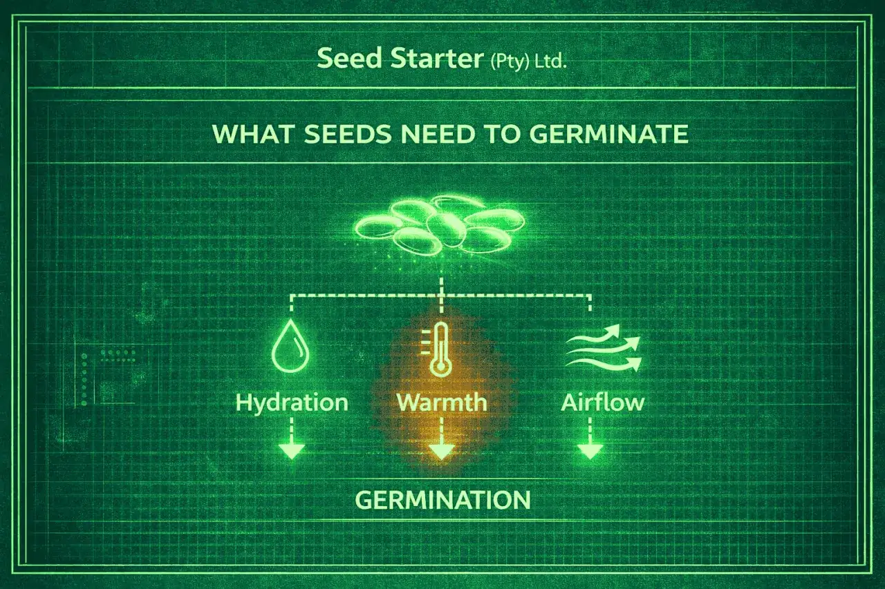 Diagrama explica c&oacute;mo germinar semillas: hidrataci&oacute;n, calor y aire son clave para la germinaci&oacute;n.