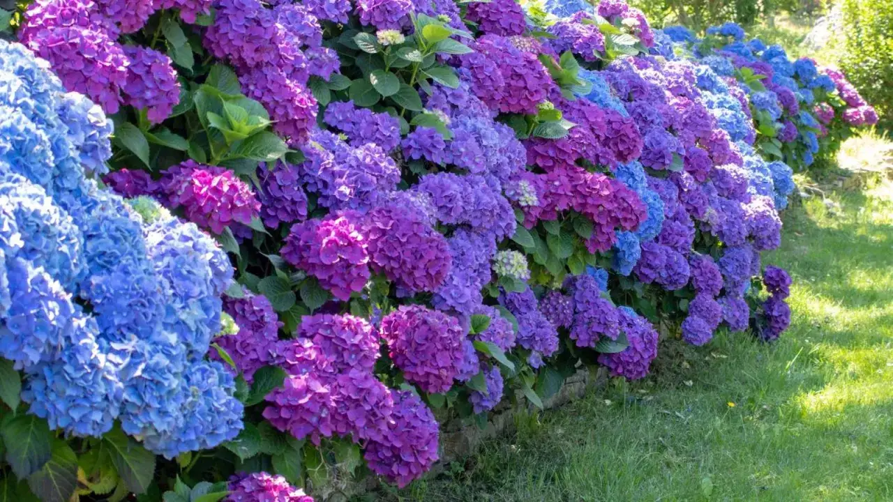 Un muro de hortensias azules y moradas, mostrando diferentes tipos de setos florales en un jard&iacute;n soleado.