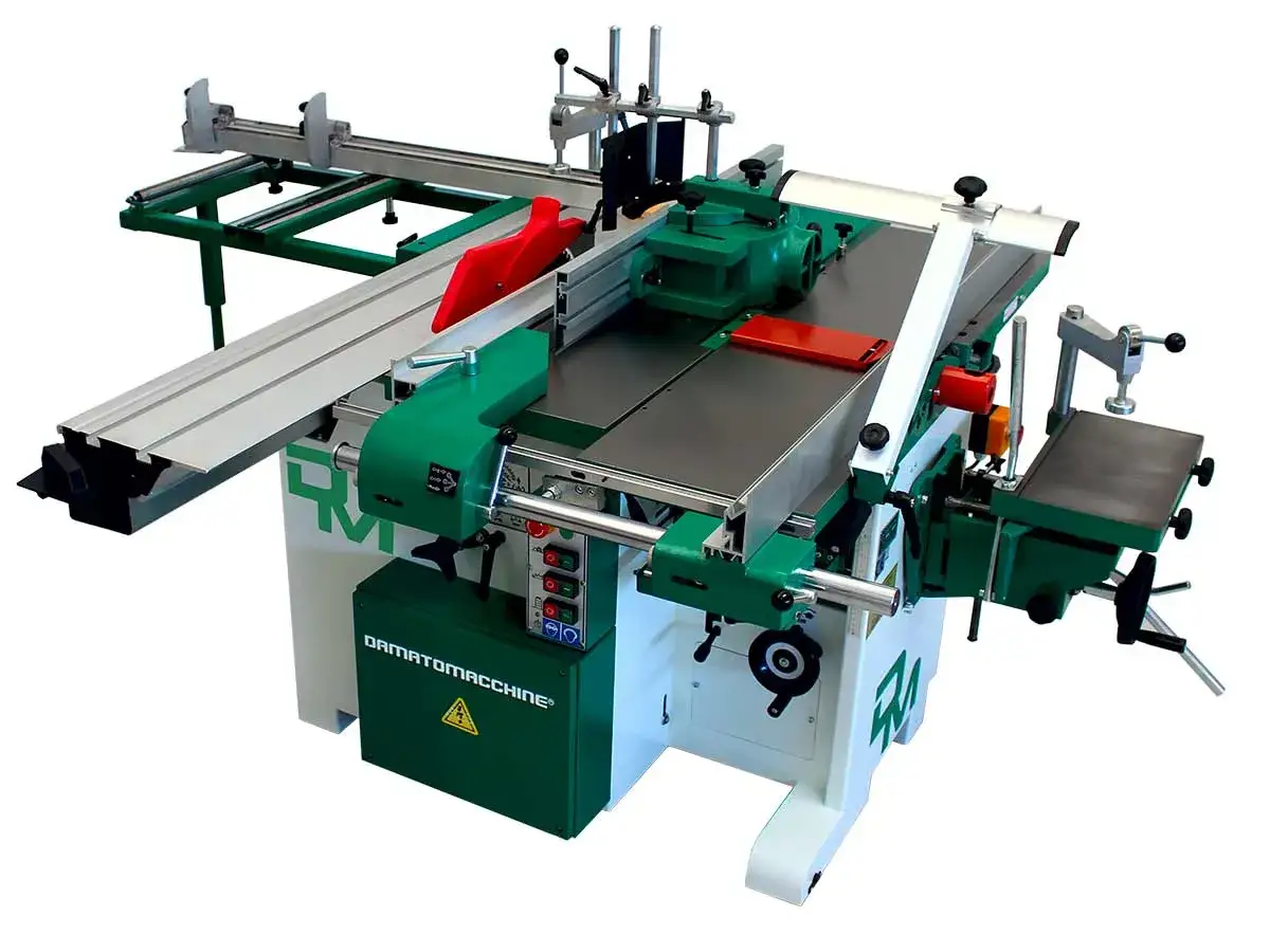 Máquina combinada de carpintería con sierra, cepilladora y fresadora. Ideal para talleres que buscan versatilidad y eficiencia en sus proyectos.