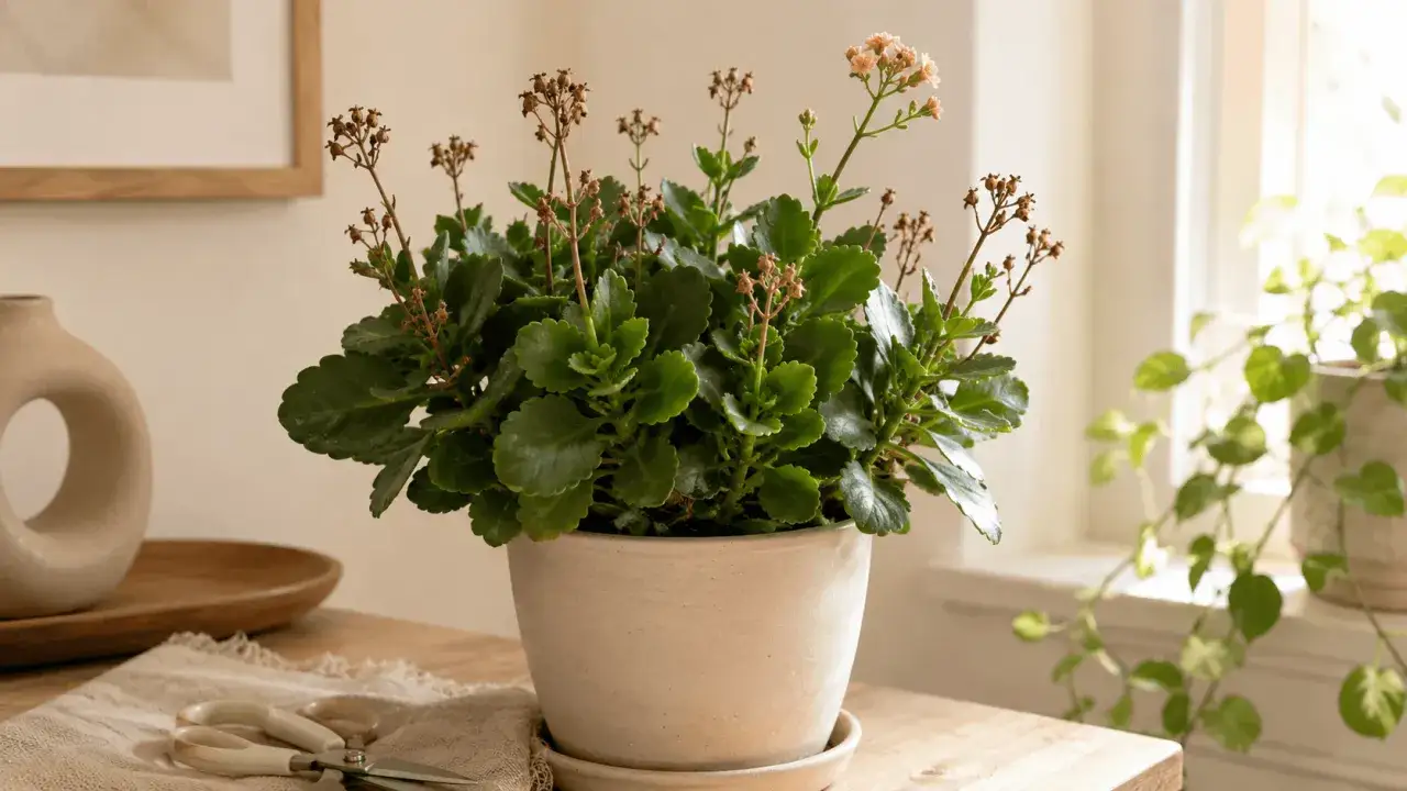 Planta de kalanchoe blossfeldiana en maceta, con hojas verdes y pequeñas flores rosadas.