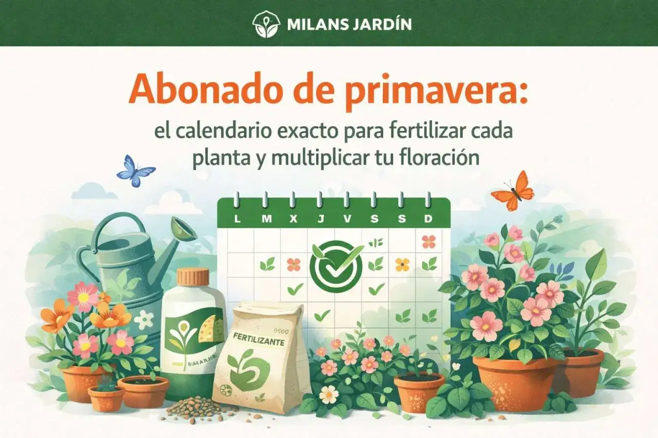 Calendario de primavera para saber cu&aacute;ndo abonar el c&eacute;sped y las plantas. Incluye regadera, fertilizante y flores.
