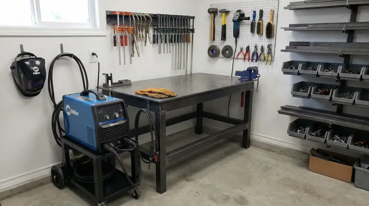 Taller de soldadura con máquina Miller, mesa de trabajo, herramientas y materiales. Se puede soldar con un generador de 2000w.