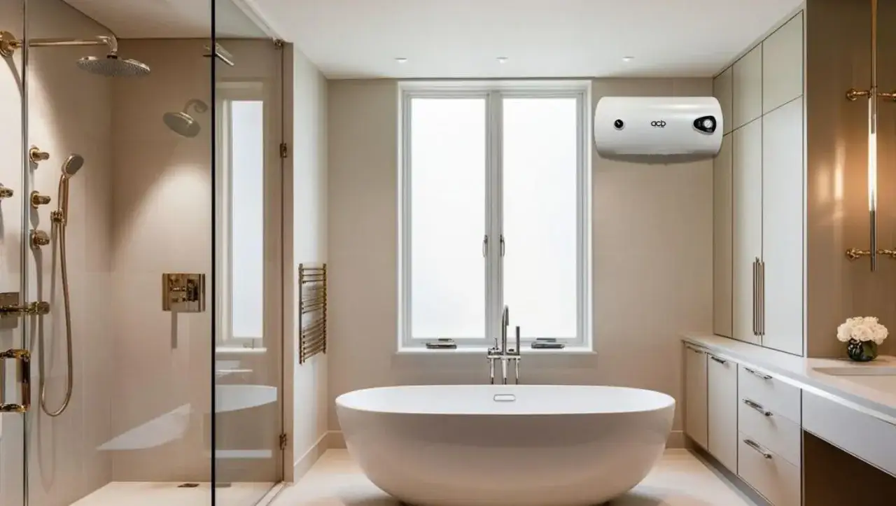 Baño moderno con bañera y ducha. Un termo eléctrico de 80 litros cuelga de la pared, listo para responder a la pregunta: cuanto dura un termo eléctrico de 80 litros.
