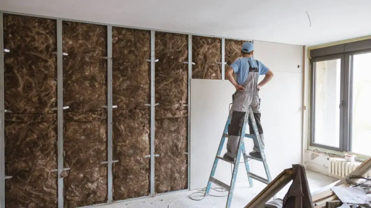 Trabajador instala aislante en paredes interiores, preparando la habitación para un acabado más cálido y silencioso.