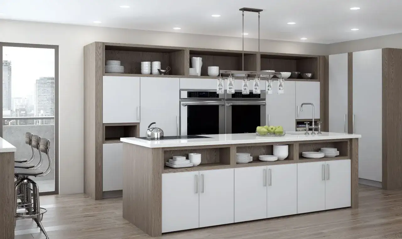 Cocina moderna con gabinetes de melamina que es un material duradero y fácil de limpiar. Isla central con electrodomésticos integrados y vista a la ciudad.