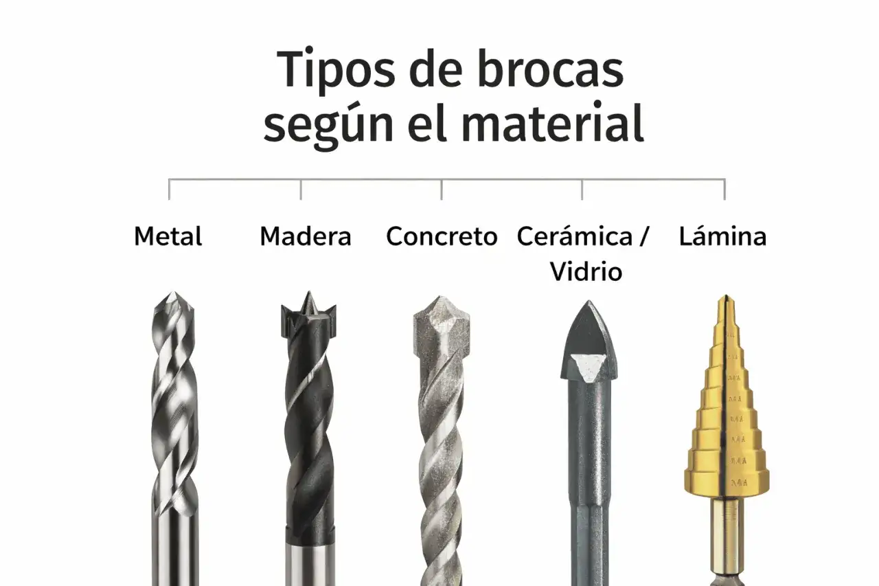 Variedad de tipos de brocas para pared: metal, madera, concreto, cerámica/vidrio y broca escalonada.