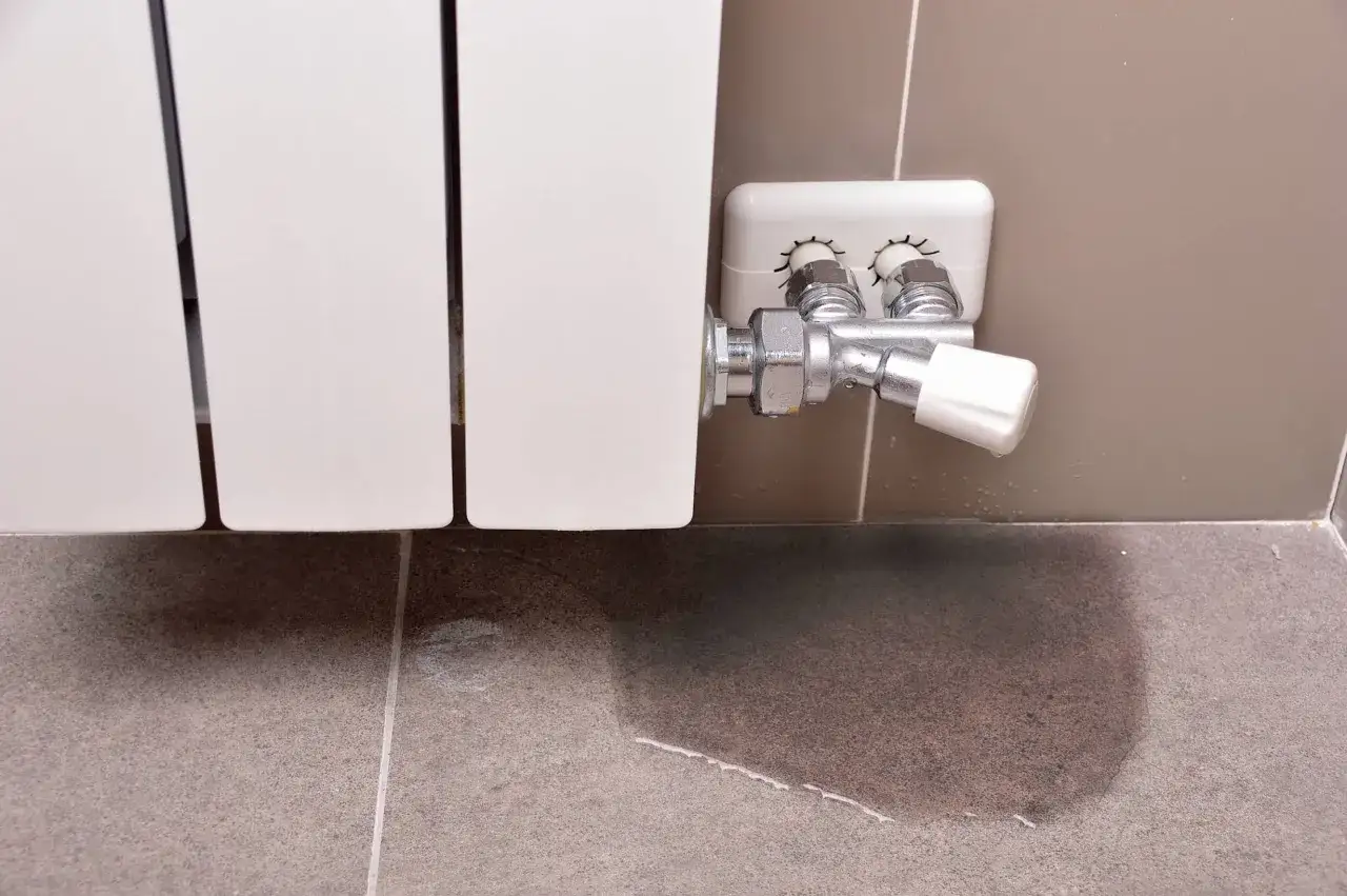 Radiador blanco con v&aacute;lvula plateada. Se observa un charco de agua en el suelo, indicando que el radiador pierde agua por la rosca.