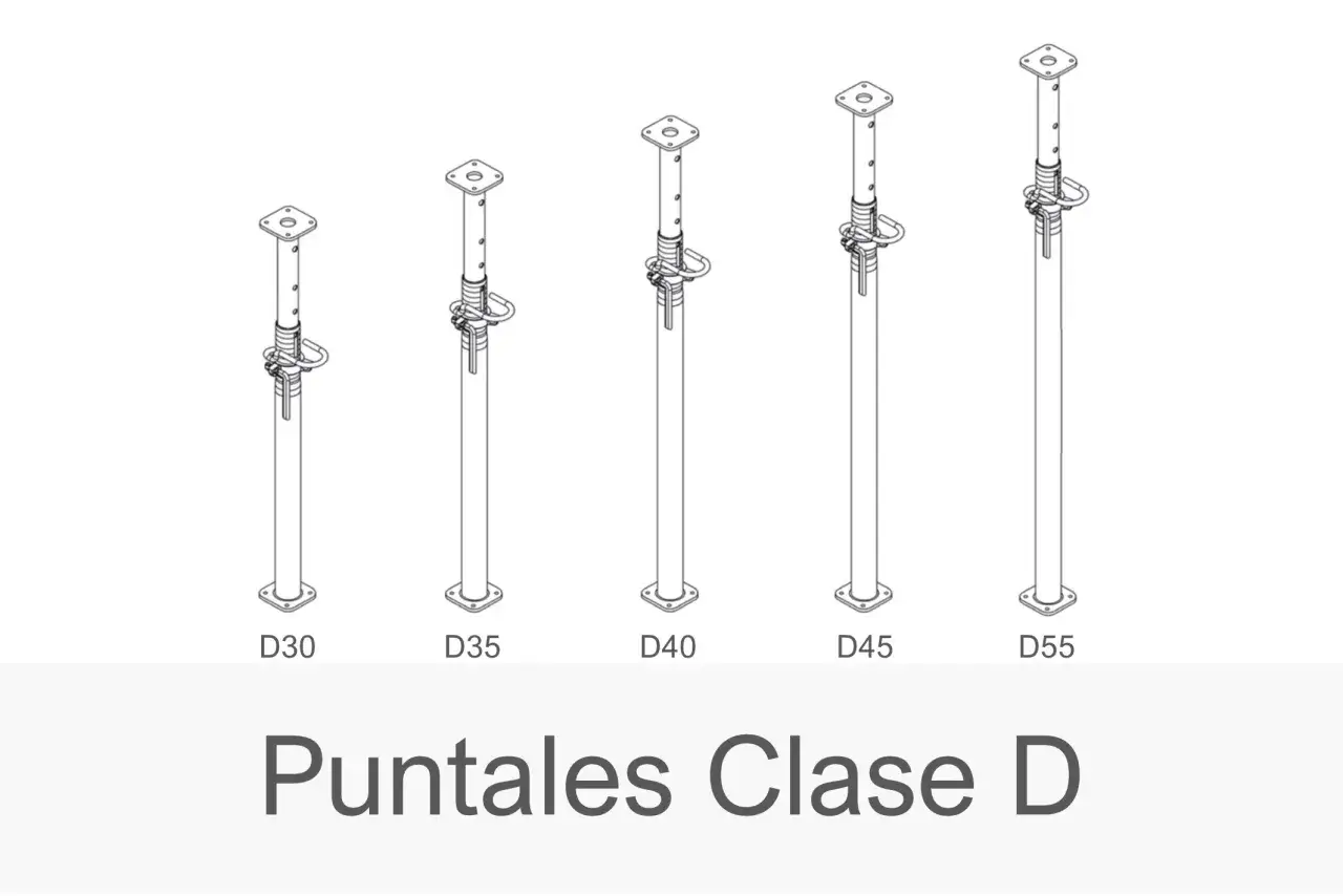 Cinco tipos de puntales de la Clase D, etiquetados D30 a D55, se muestran en un diagrama lineal.