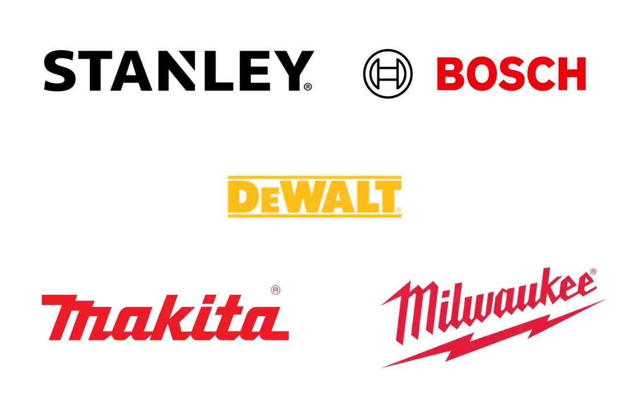 Logos de marcas de herramientas profesionales: Stanley, Bosch, DeWalt, Makita y Milwaukee.