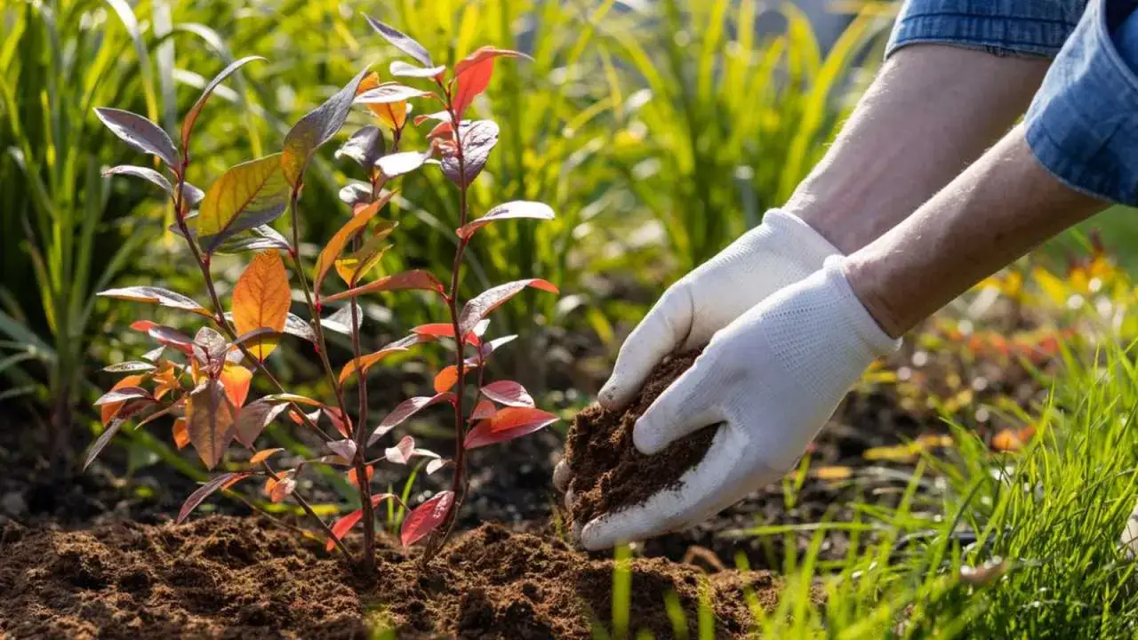 Manos enguantadas plantando un arbusto, un paso para eliminar malas hierbas para siempre.