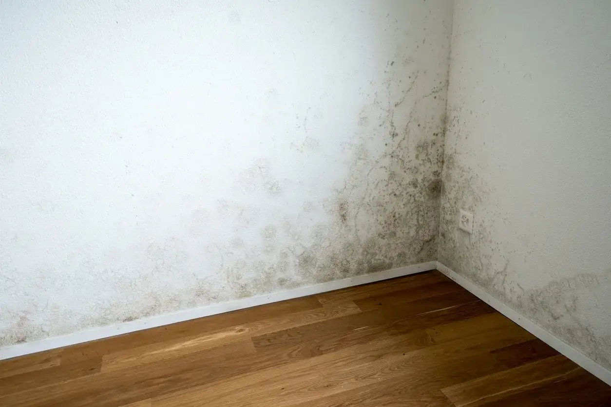 Manchas de moho en la esquina de una habitación, indicando la necesidad de saber como aislar una pared de la humedad.