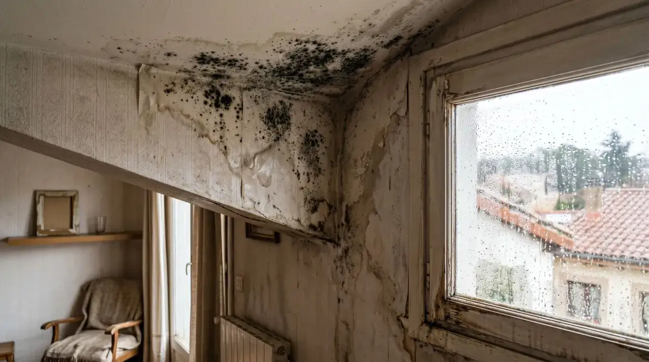 El moho en la pared, con manchas negras y papel desprendido, se extiende por la esquina de una habitaci&oacute;n. La ventana muestra gotas de lluvia.