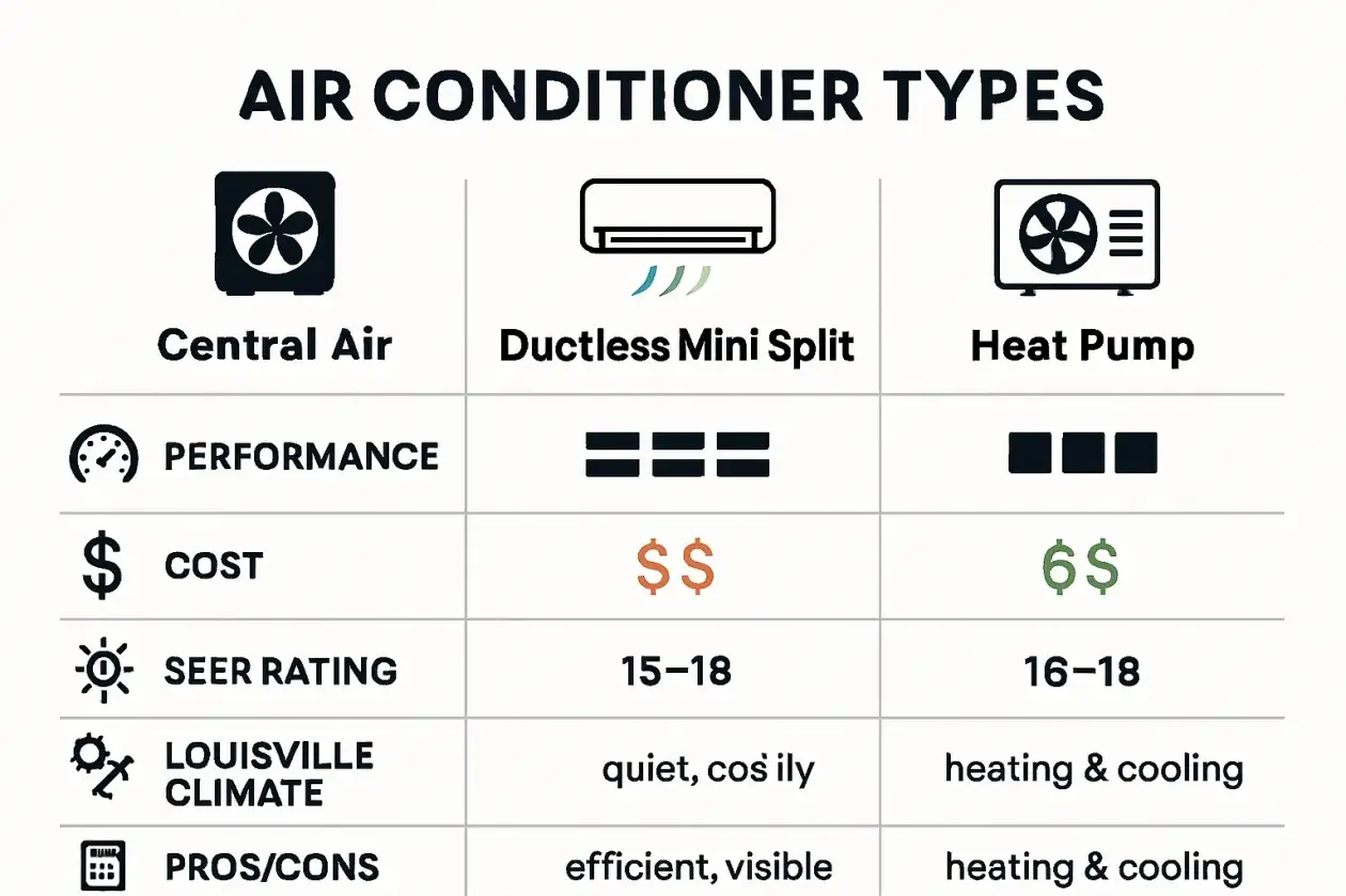 Tabla comparativa de tipos de aire acondicionado: Central, Mini Split sin ductos y Bomba de calor. Muestra rendimiento, costo, SEER, clima y pros/contras.