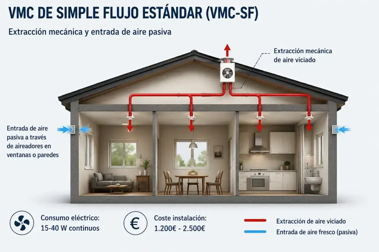 Diagrama de una casa que muestra un sistema VMC de simple flujo. El aire viciado se extrae mecánicamente y el aire fresco entra pasivamente.