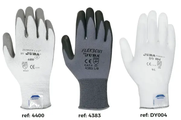 Tres tipos de guantes de protección: blanco con dedos grises, gris con dedos negros y blanco liso. Cada uno con su referencia y certificaciones.