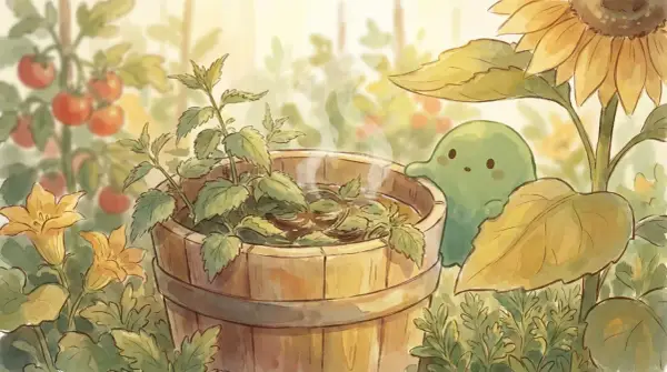 Un tierno ser verde observa un balde de madera con agua humeante y hojas de ortiga. Alrededor, tomates, flores amarillas y un girasol.